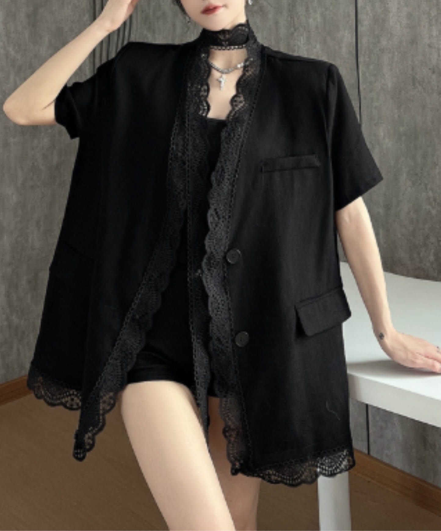 lightweight lace cotton linen jacket EN2965