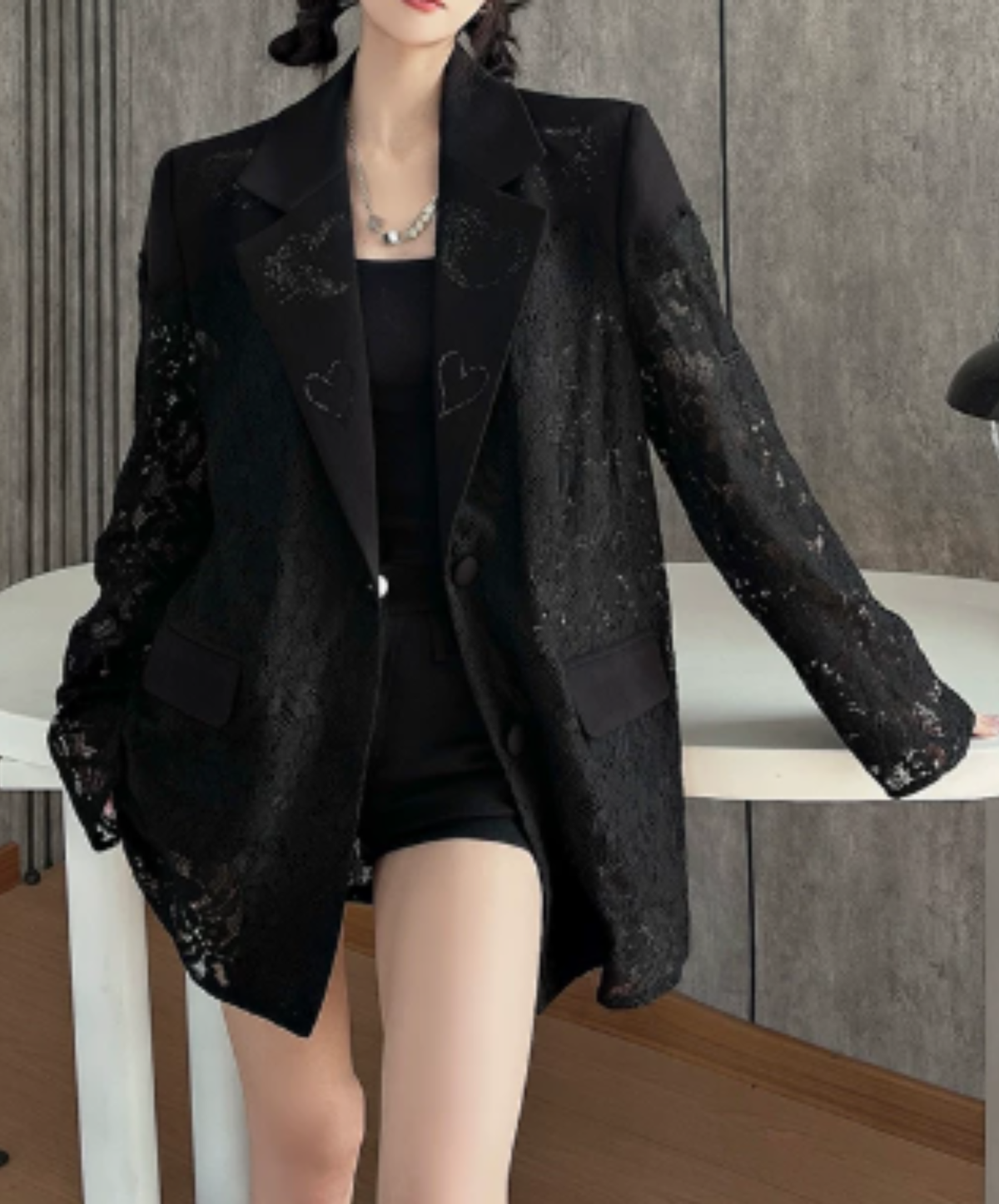 dark lace-panelled openwork design jacket EN3139