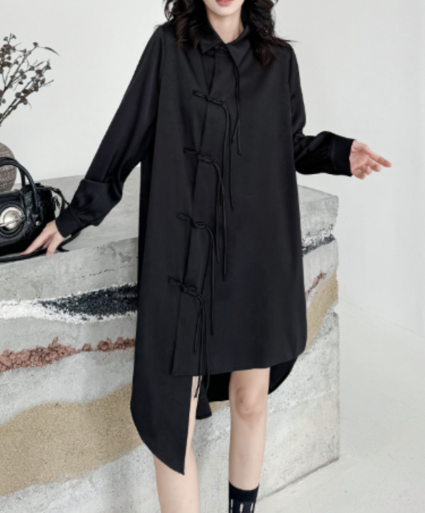 dark chinese-style irregular-cut button long shirt EN3109