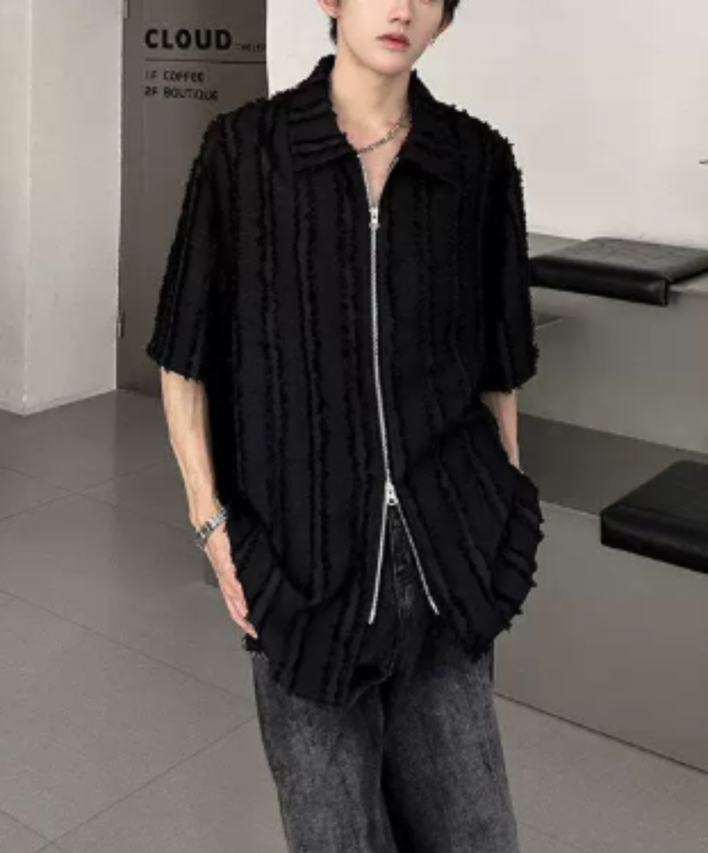 frayed design double zipper shirt EN2976