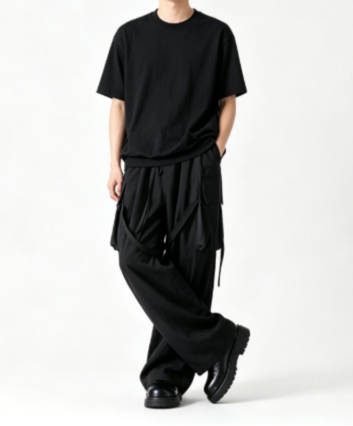 dark side flap pocket with strap wide pants EN3259