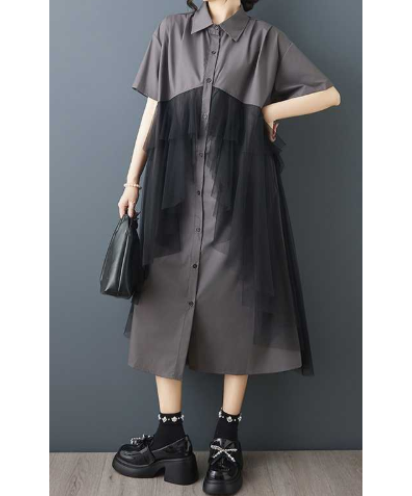 dark mesh patchwork long shirt EN3054