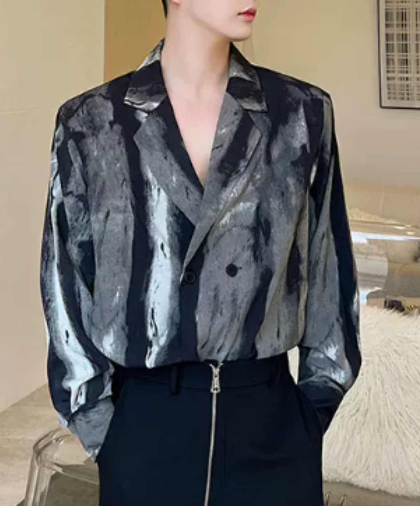 Ink-black spliced design shirt EN3070