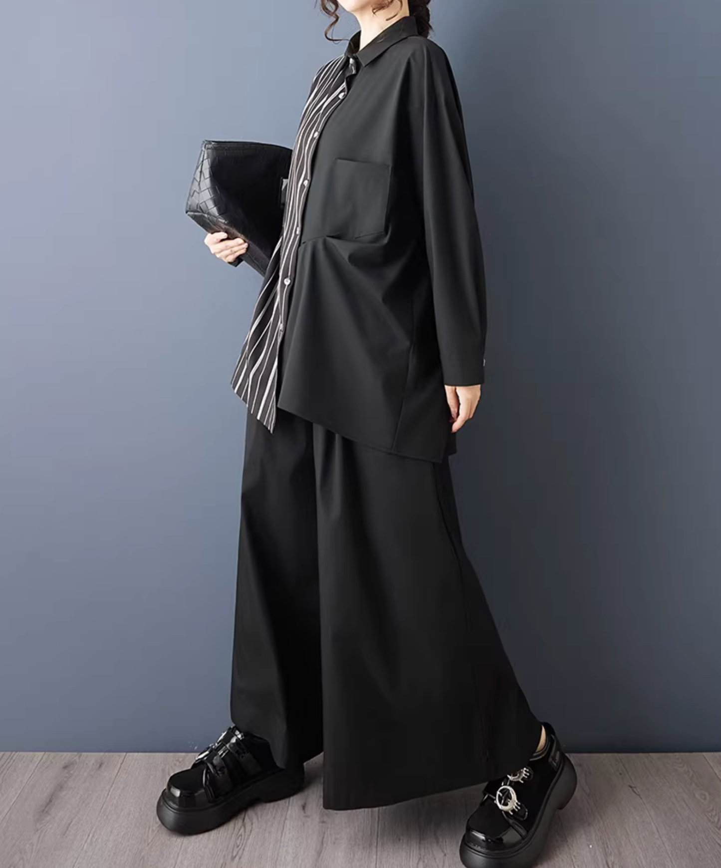 dark striped patchwork mid-length shirt EN2797