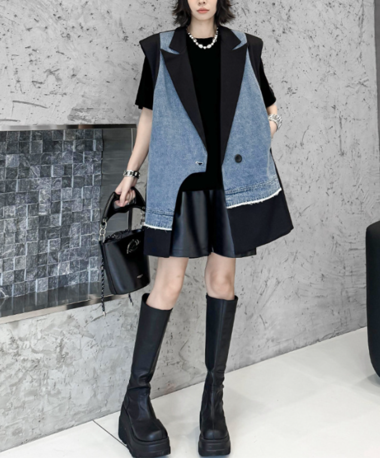 denim patchwork asymmetric vest EN2893