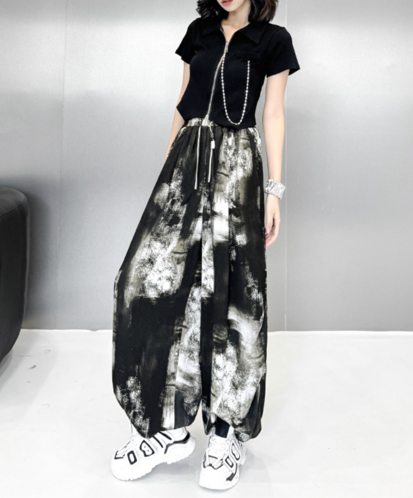 dark splicing drawstring pants EN2337