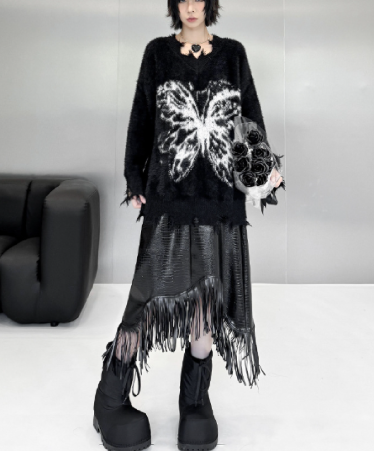 raw-edge design butterfly motif sweater EN3189