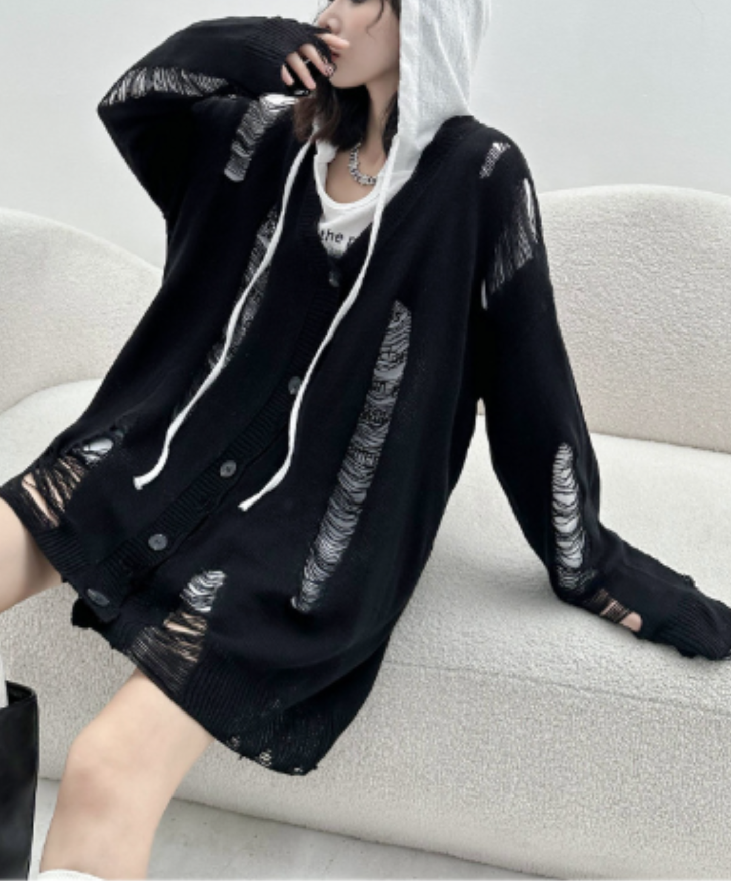 dolman-sleeve top with heavy distressing cardigan EN3123