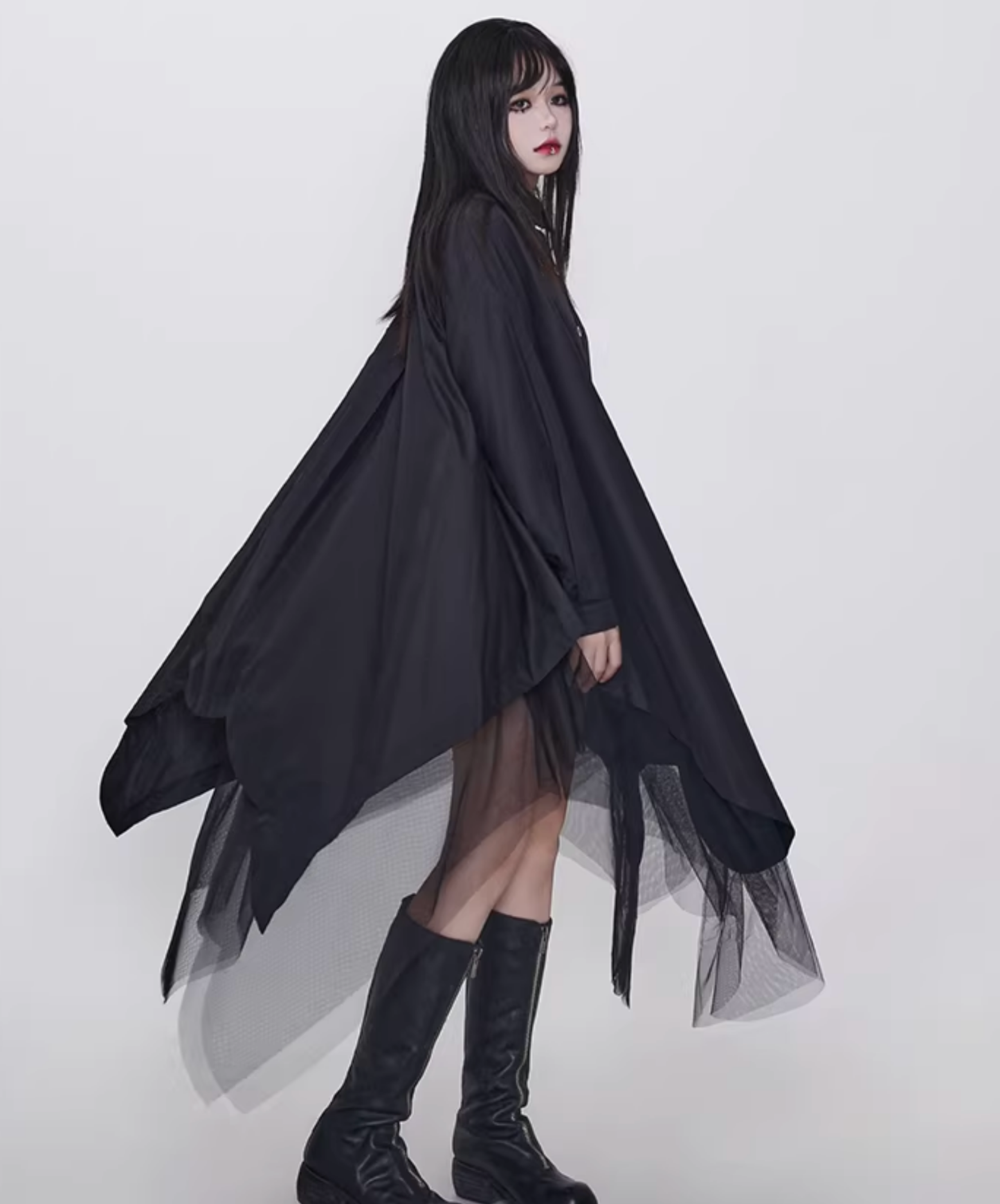 dark faux leather irregular patchwork long shirt EN2831
