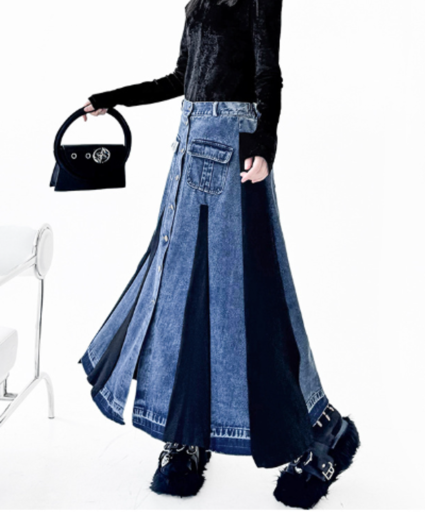 a-line denim patchwork piece skirt EN3113