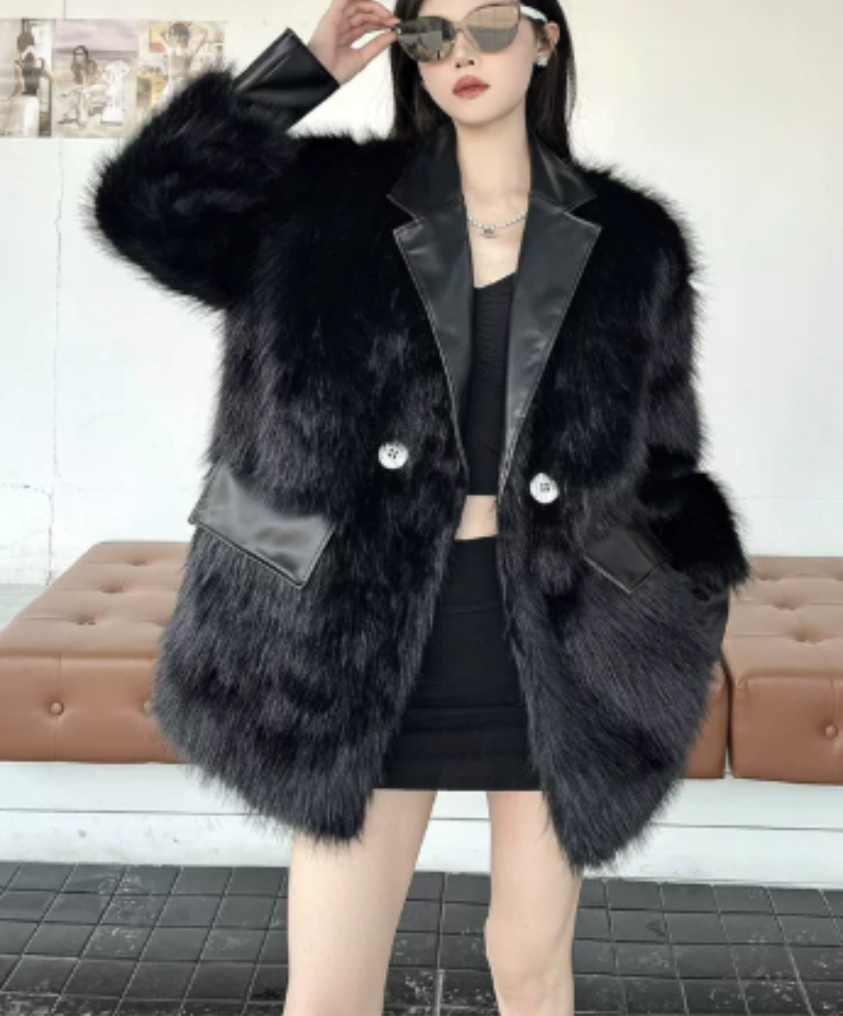 dark shaggy lapel mixed-material paneling jacket EN3188