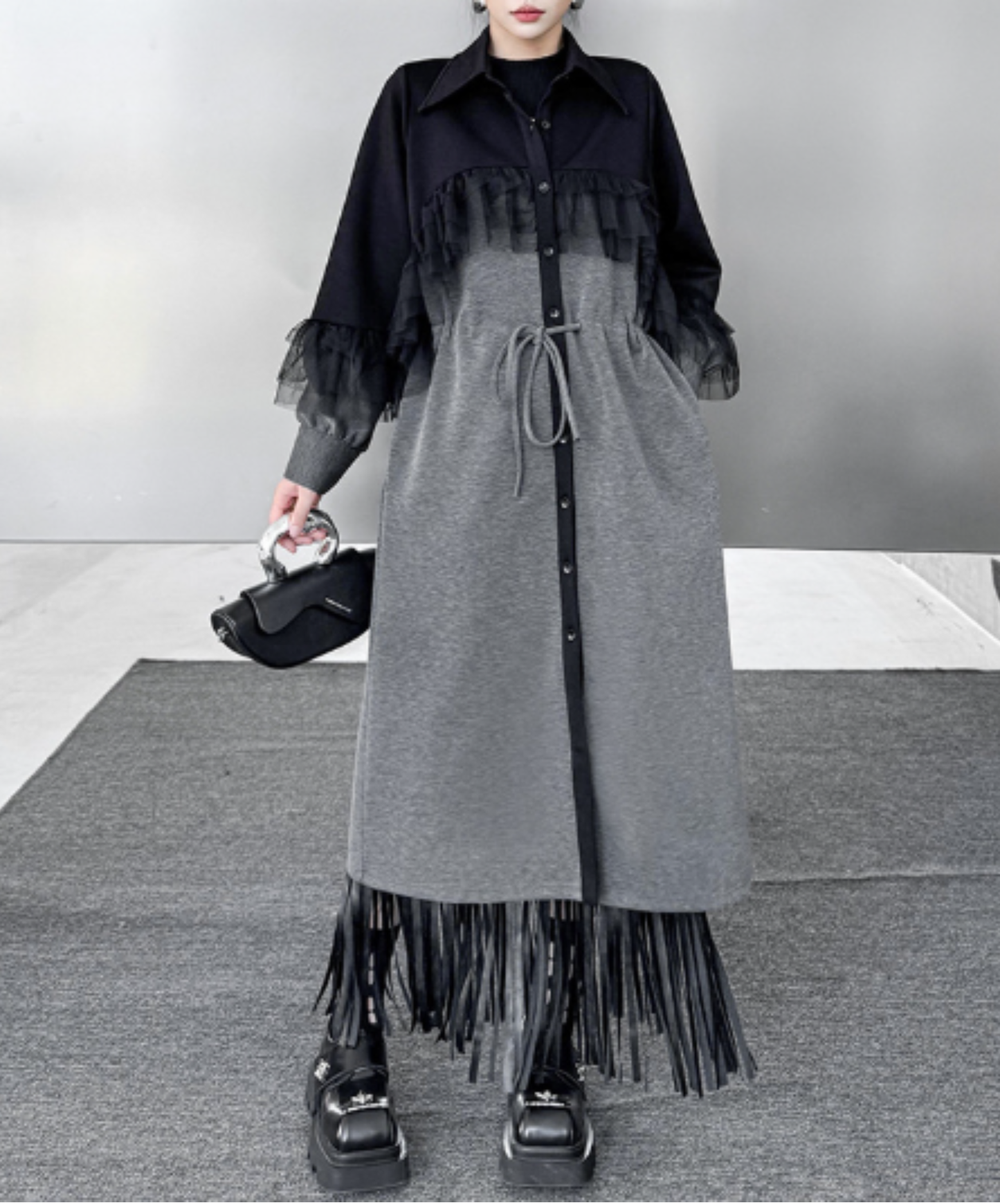 tulle patchwork and shibori detailing long shirt EN3133