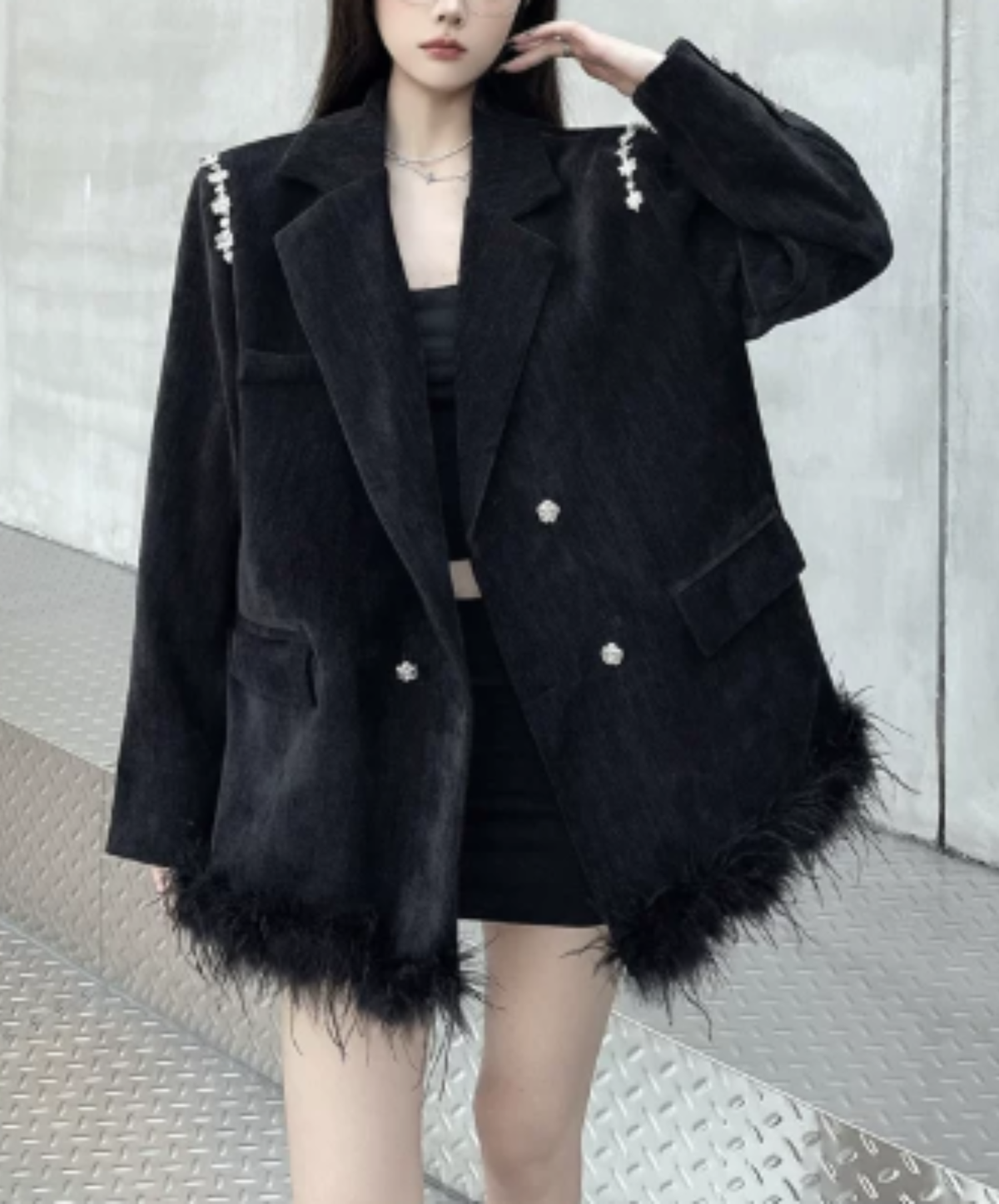dark fur hem with floral lace embellishment jacket EN3191