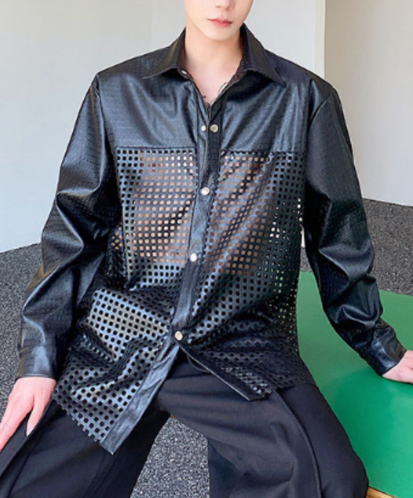 dark perforated leather shirt EN1207
