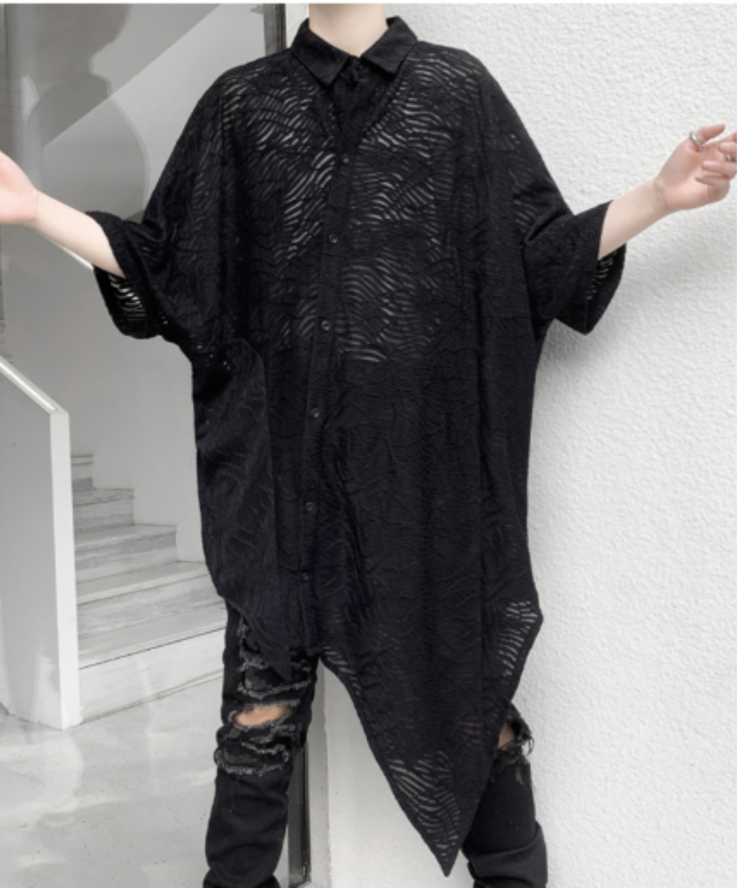bat-shaped openwork pattern shirt EN3008