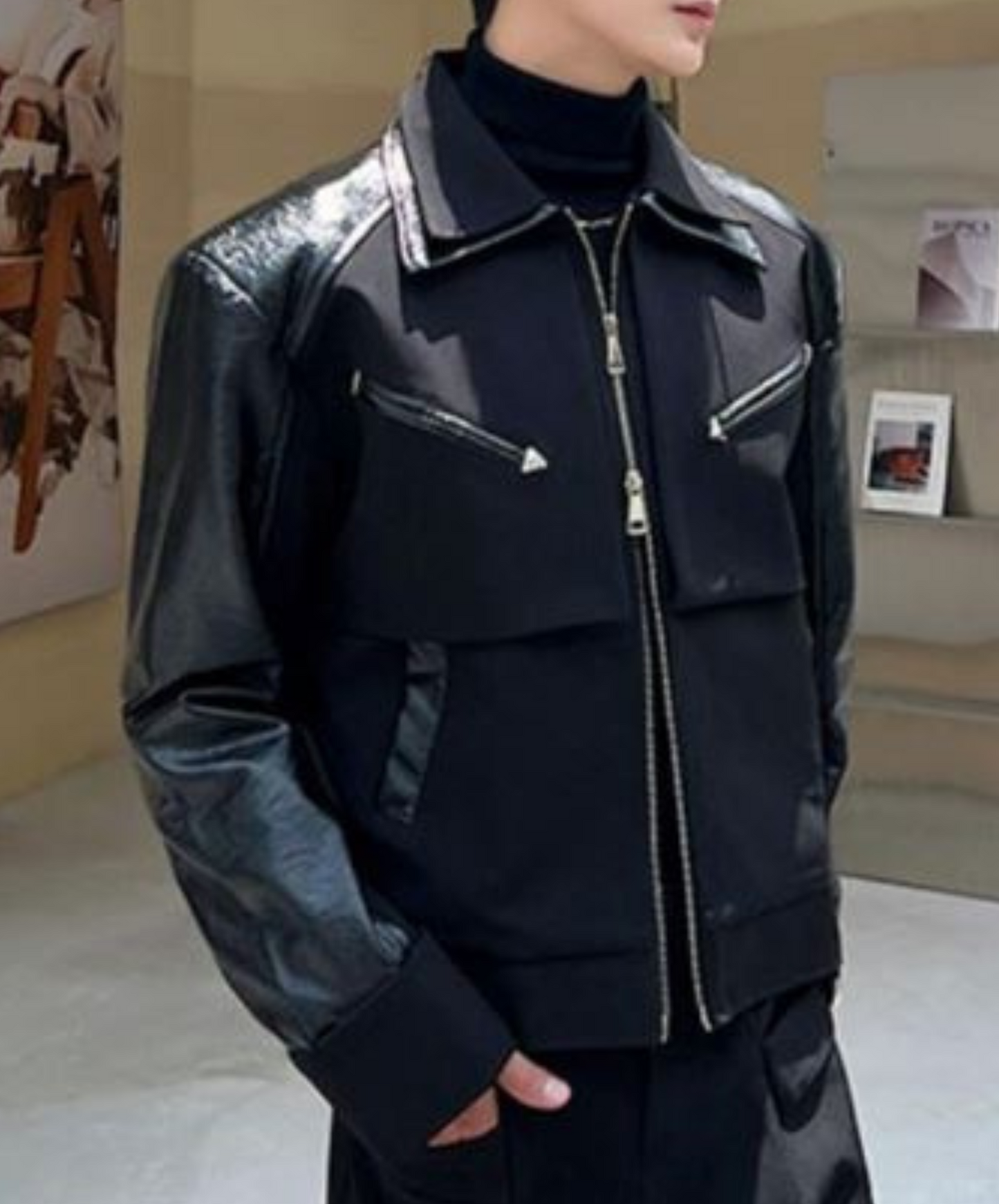 dark double color leather jacket EN1369