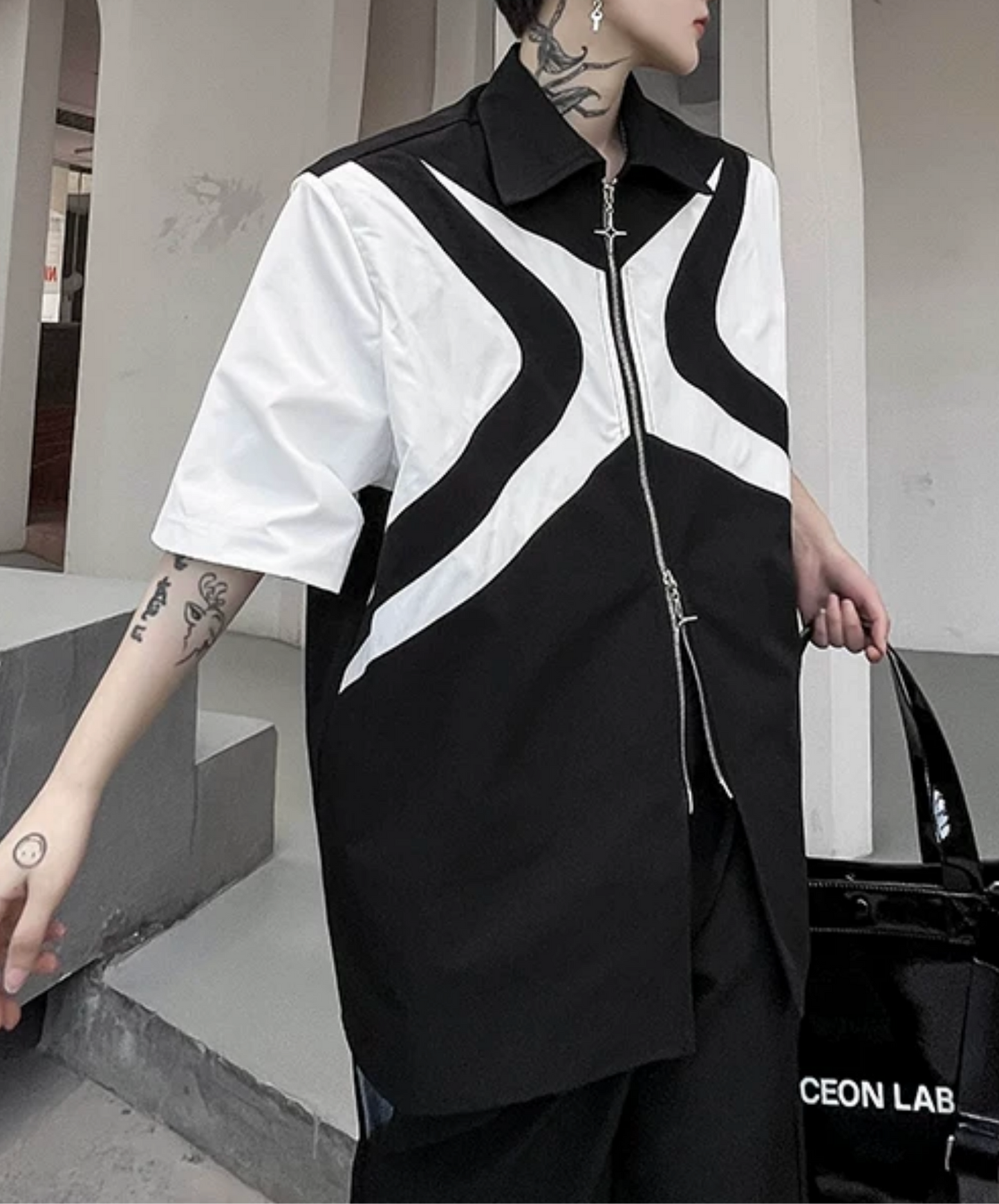 dark double zipper x design shirt EN2865
