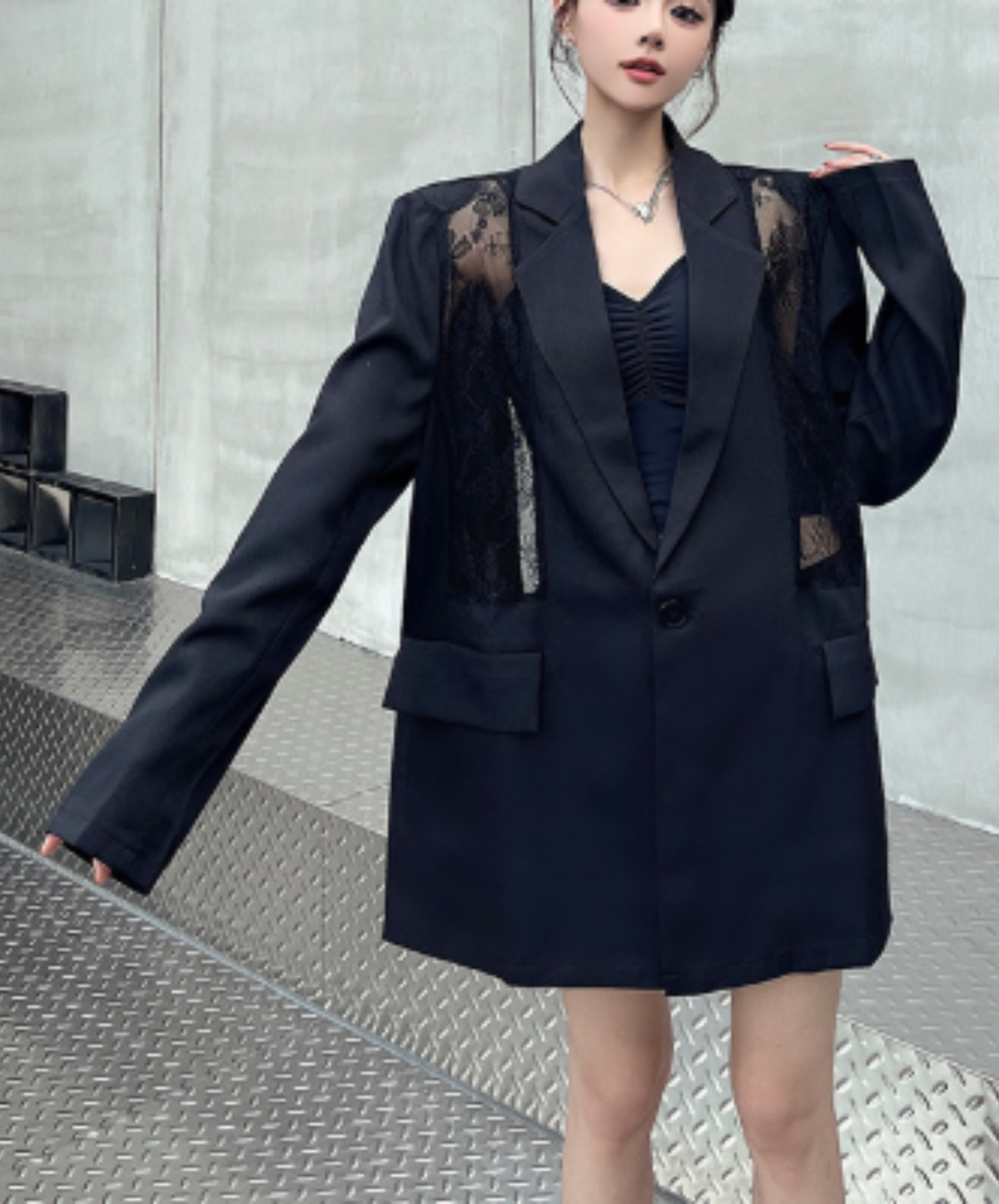 sheer lace panel design jacket EN3184