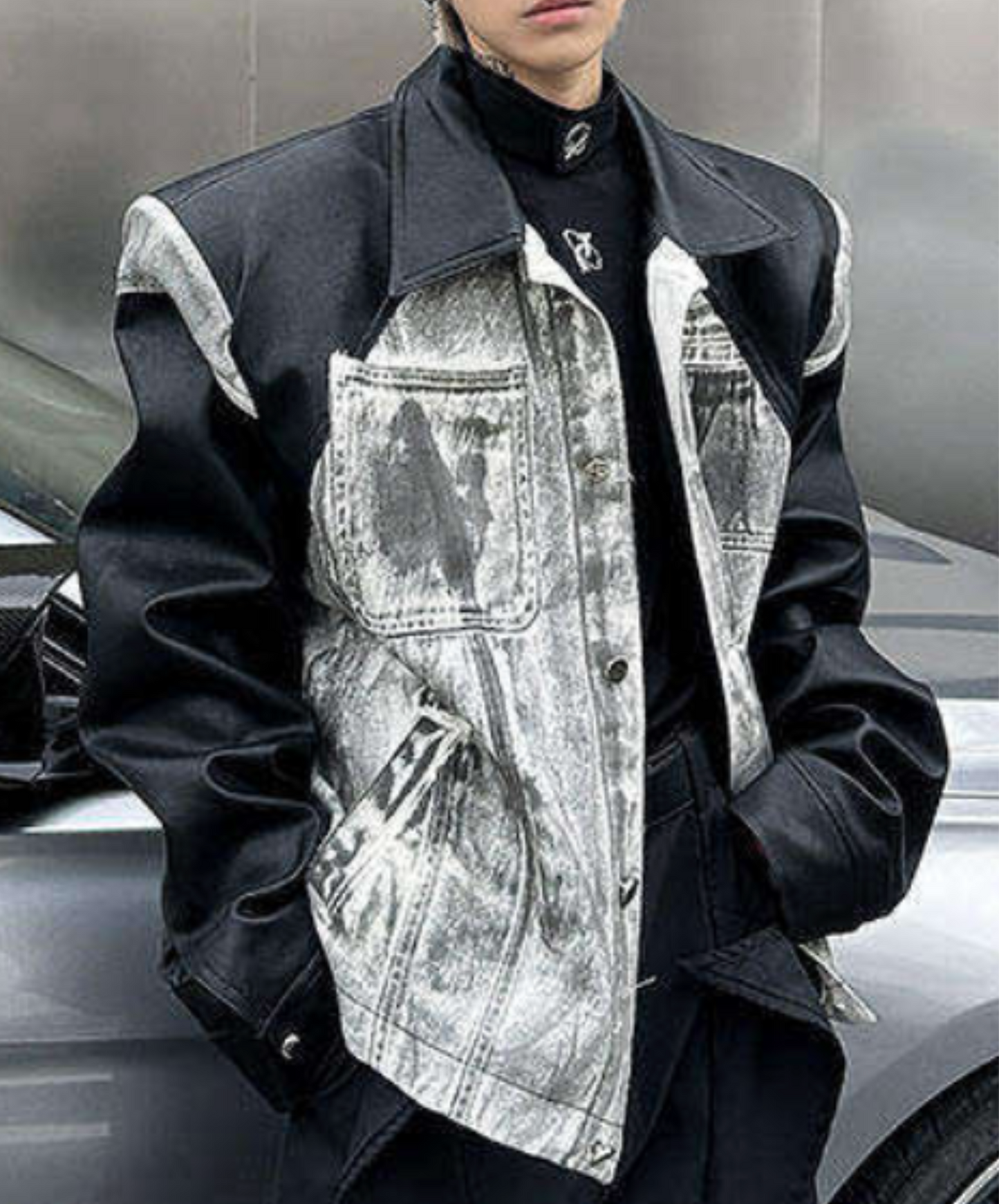 denim print x pu leather patchwork jacket EN2657