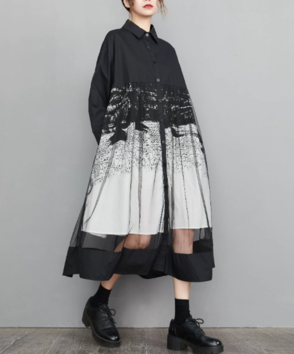 dynamic sheer switching flare long shirt EN3187