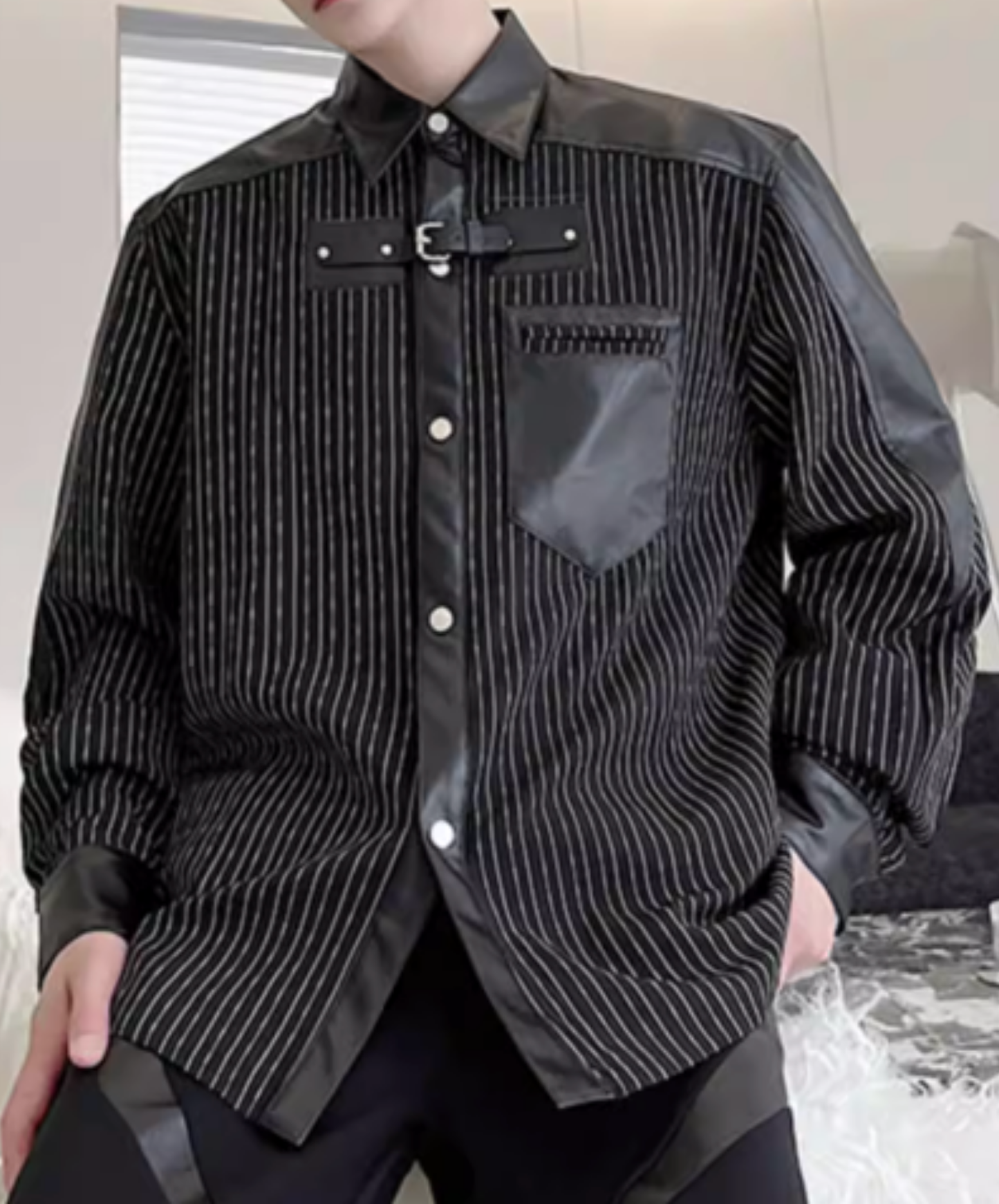 thin striped leather patchwork shirt EN2817