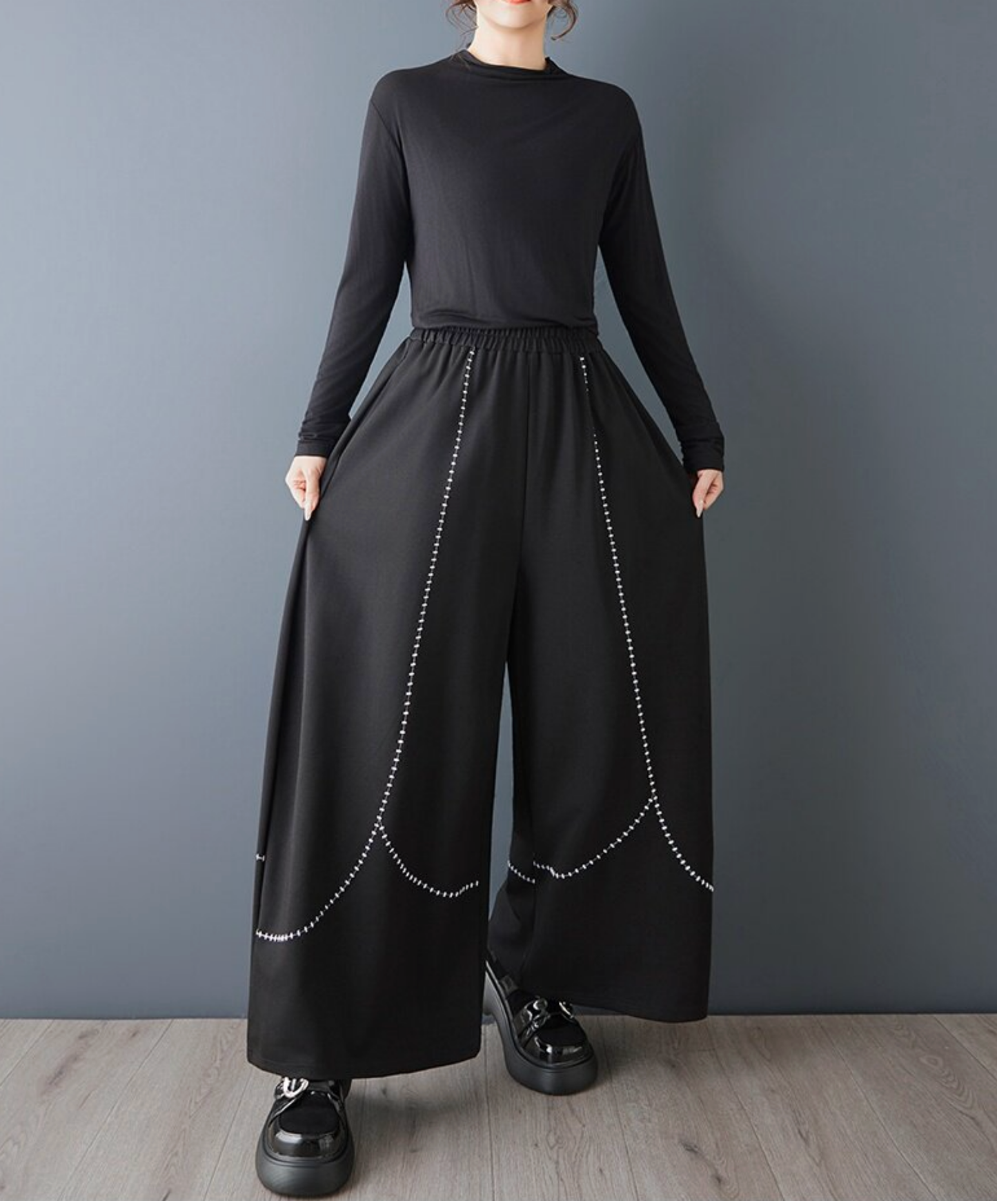 dark embroidery color block wide pants EN2728