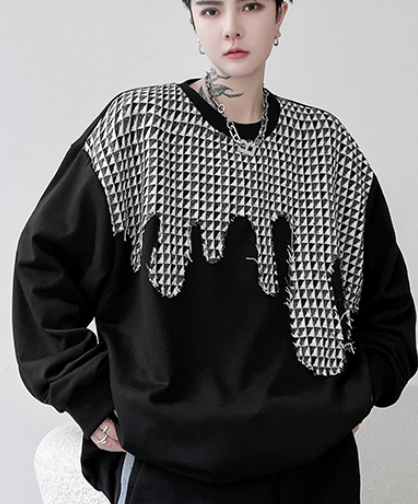 dark splicing plaid raw edge sweater sweatshirts EN1918