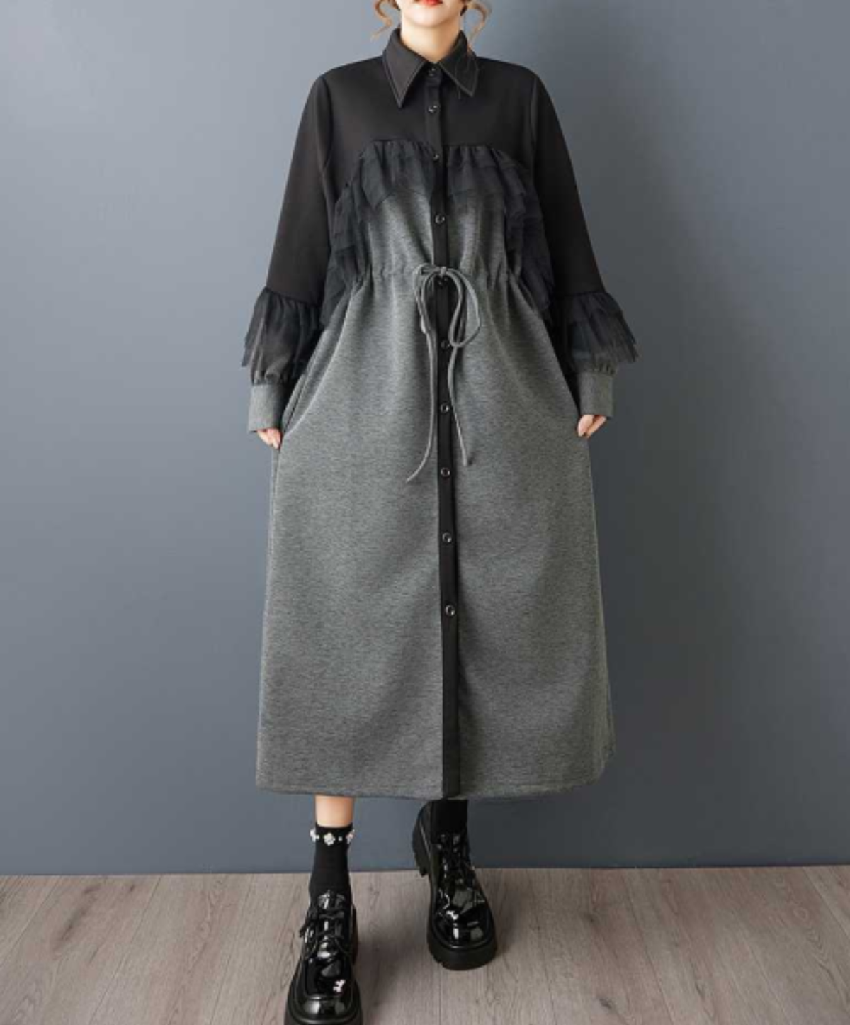 drawstring design tulle ruffle detailing long shirt EN3234
