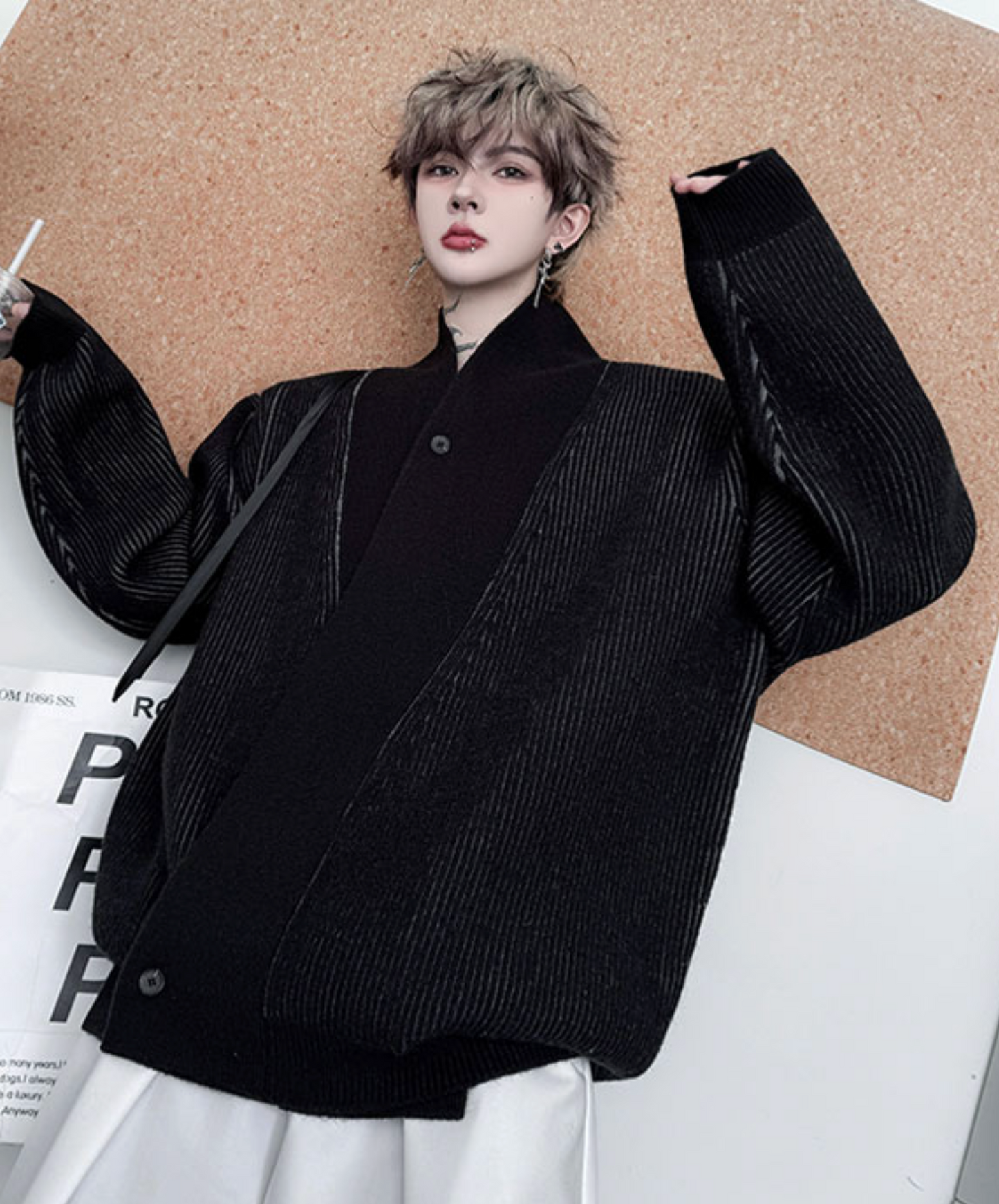 plain x striped knit cardigan EN2531