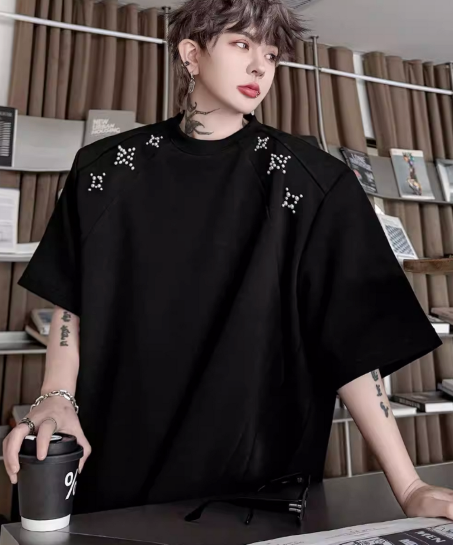 sparkling star motif bead decoration t-shirt EN2827