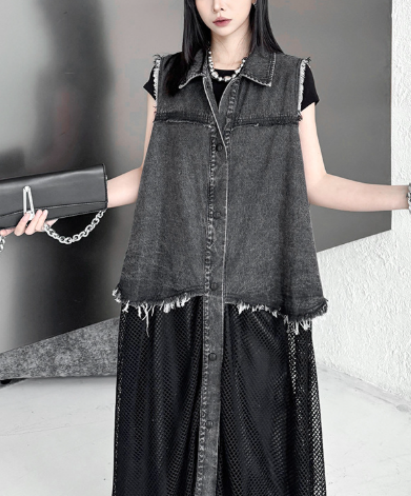 denim patchwork mesh long shirt EN3047