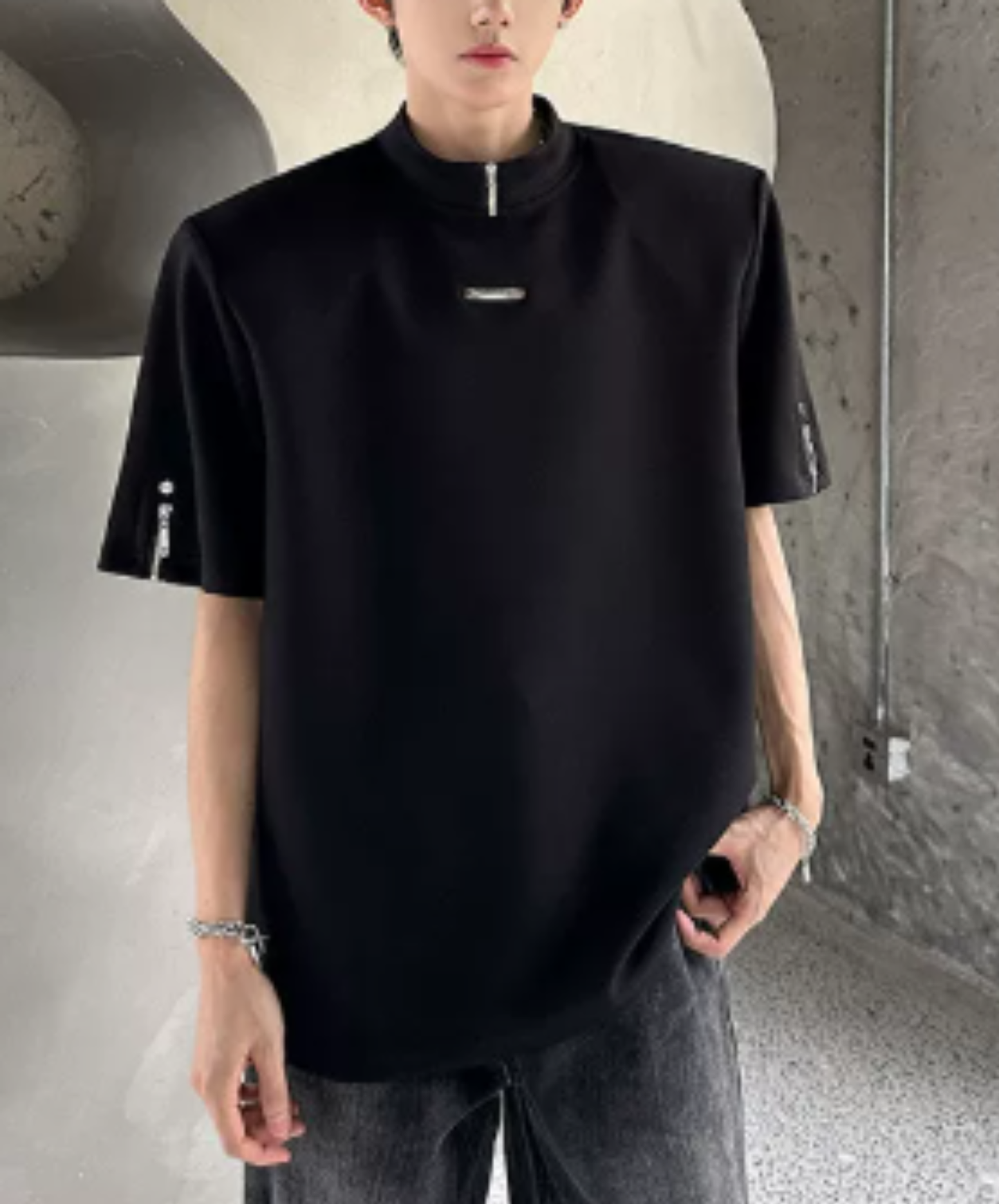 high neck, loose zipper detail t-shirt EN2931