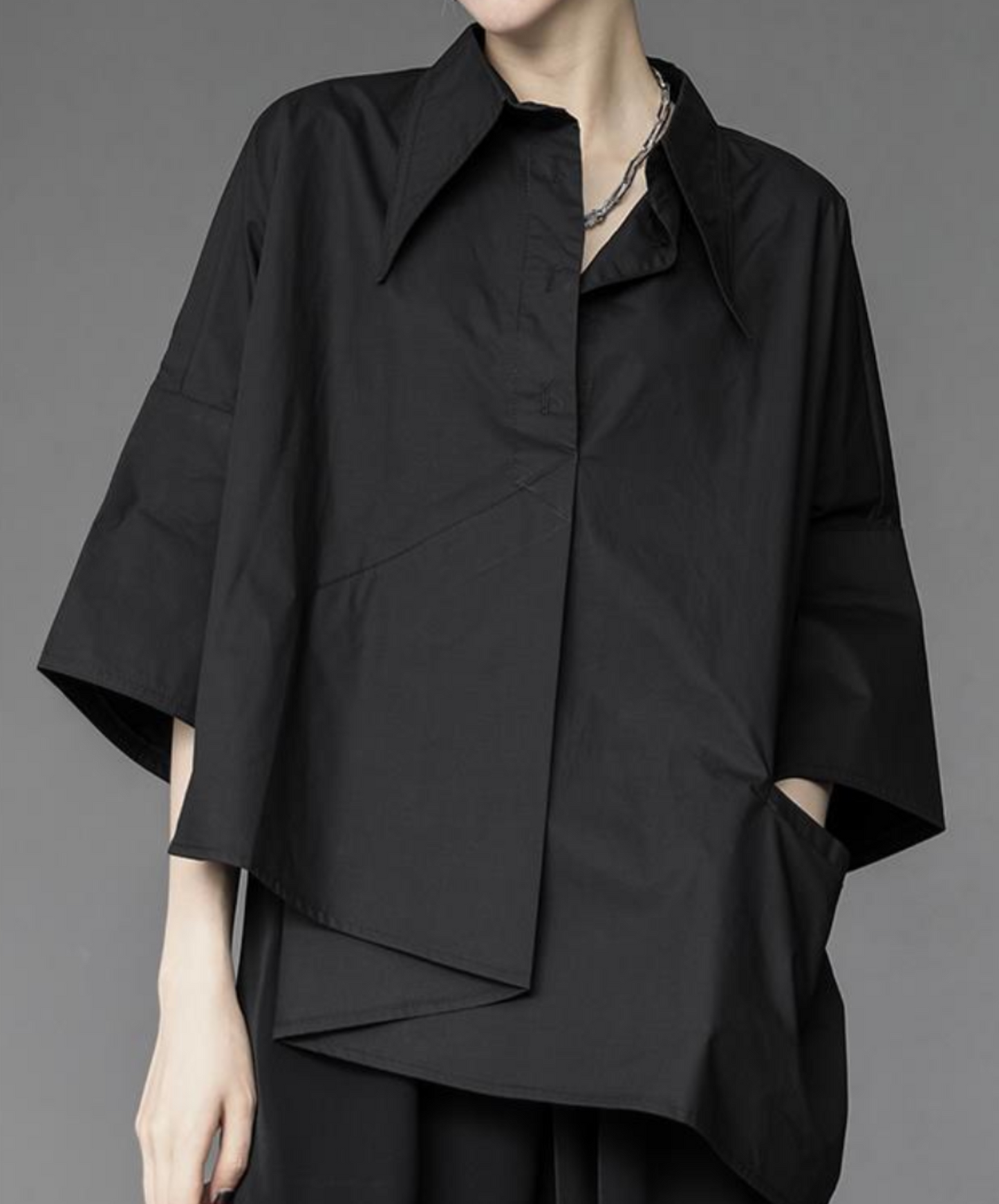 dark asymmetric tuck drape shirt EN2141