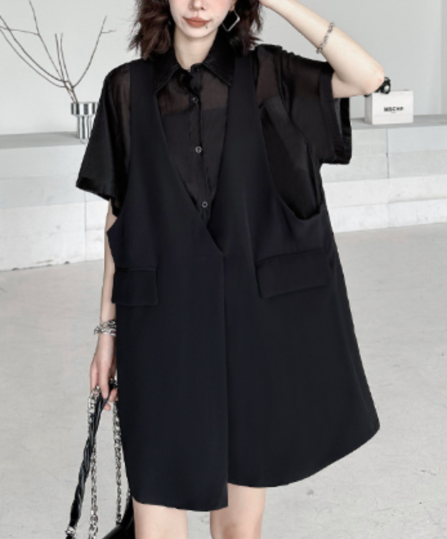 dark fake two-piece loose sheer shirt EN2977