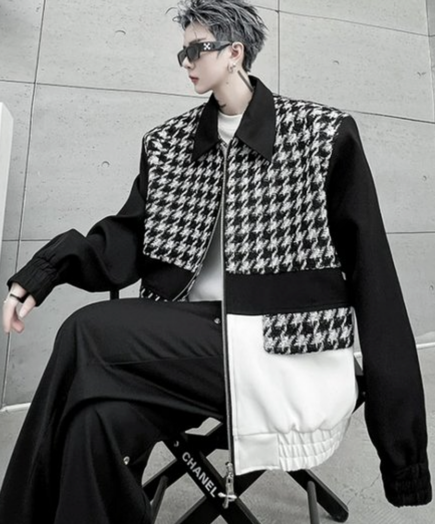 mixed materials houndstooth double zip jacket EN1917