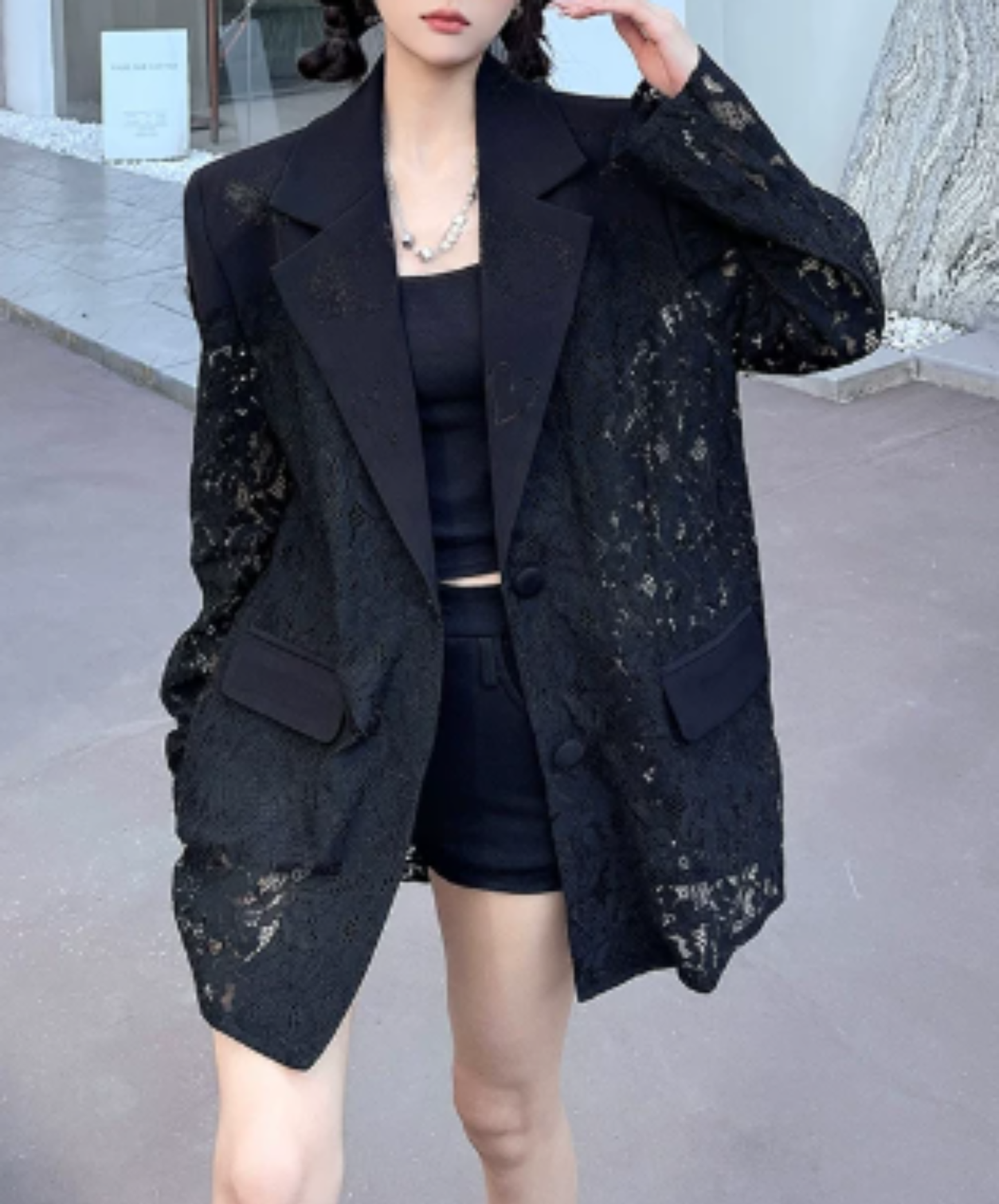 dark lace-panelled openwork design jacket EN3139