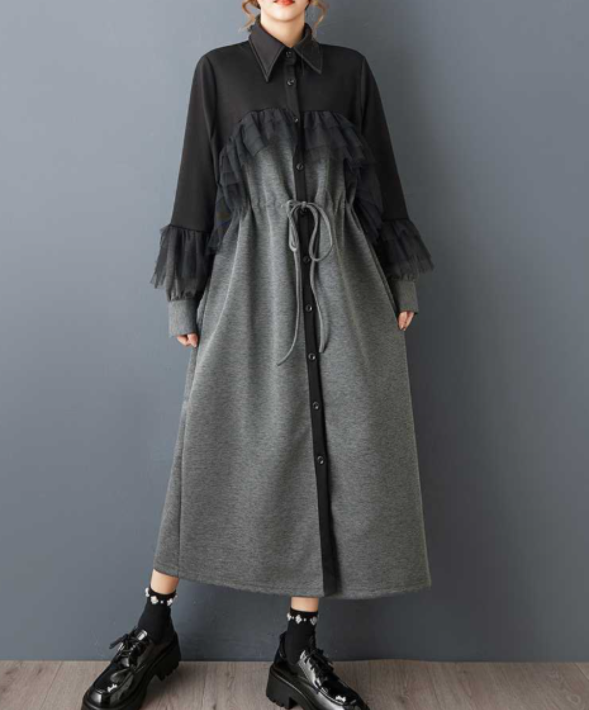 drawstring design tulle ruffle detailing long shirt EN3234