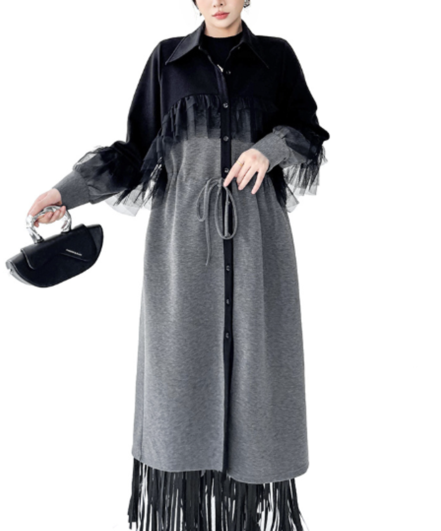 tulle patchwork and shibori detailing long shirt EN3133