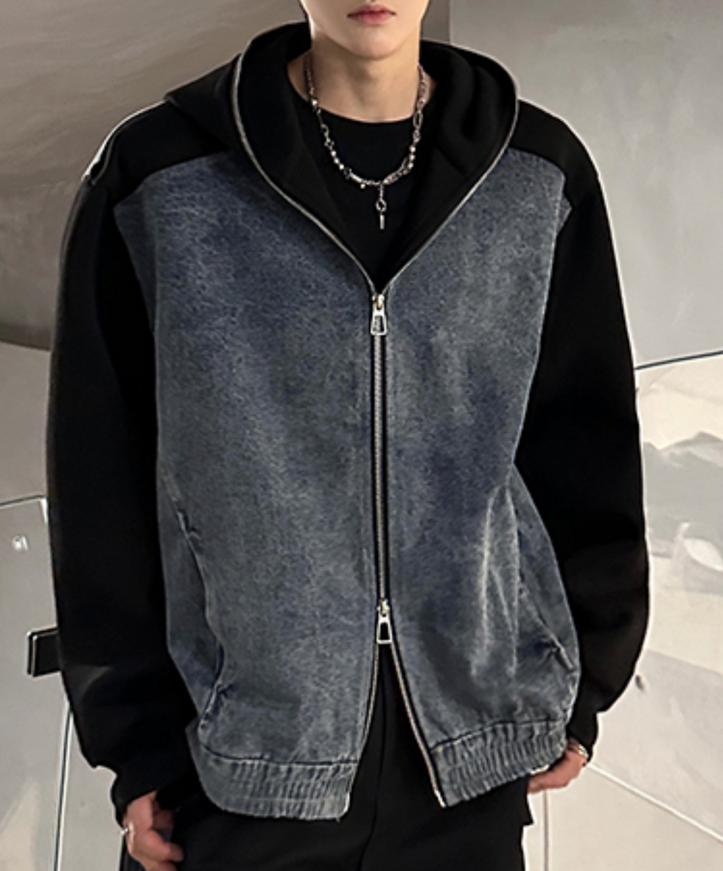 retro denim patchwork hoodie EN2476