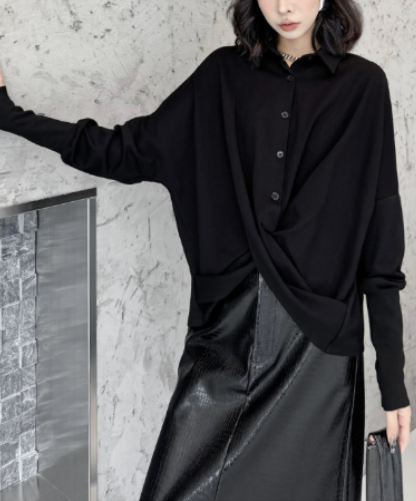 dark crossover-design dolman sleeves shirt EN3131