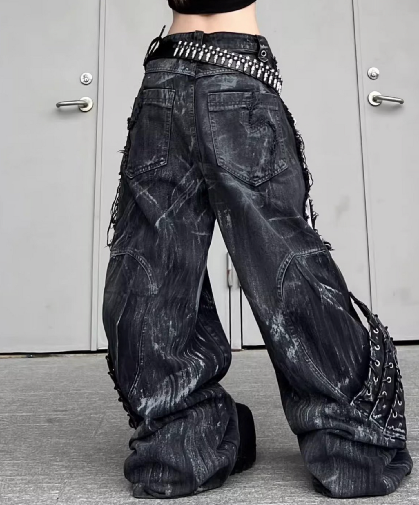 high damage lace up wide pants EN2628