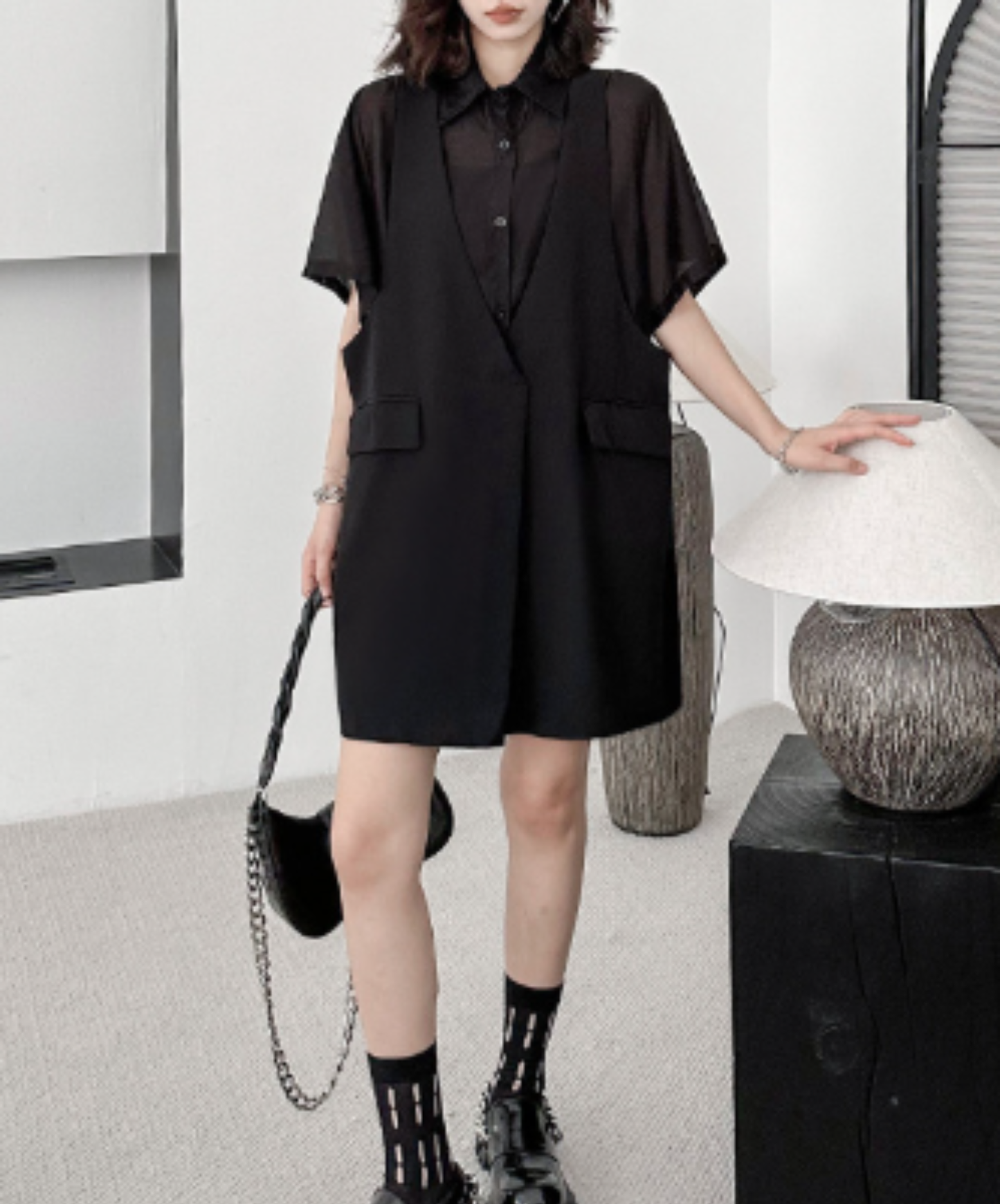 dark fake two-piece loose sheer shirt EN2977