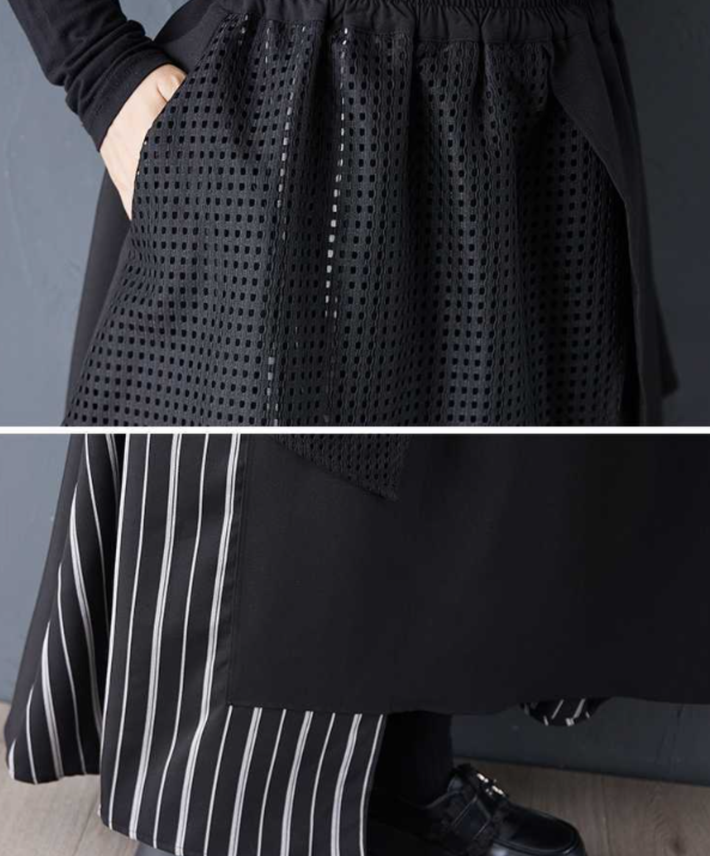 eyelet lace and stripe asymmetrical design skirt EN2756