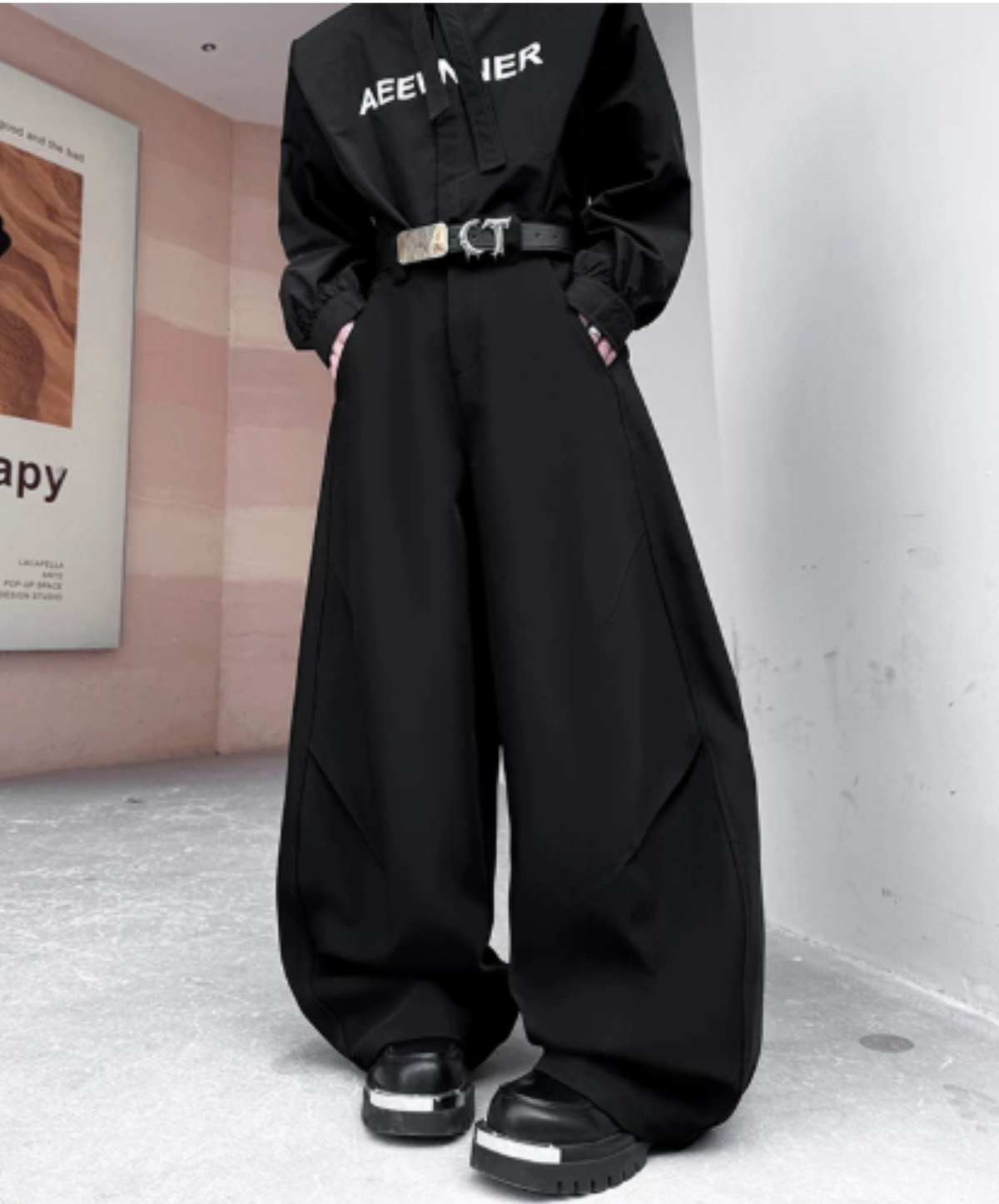dark knee-tuck cocoon silhouette wide pants EN3196