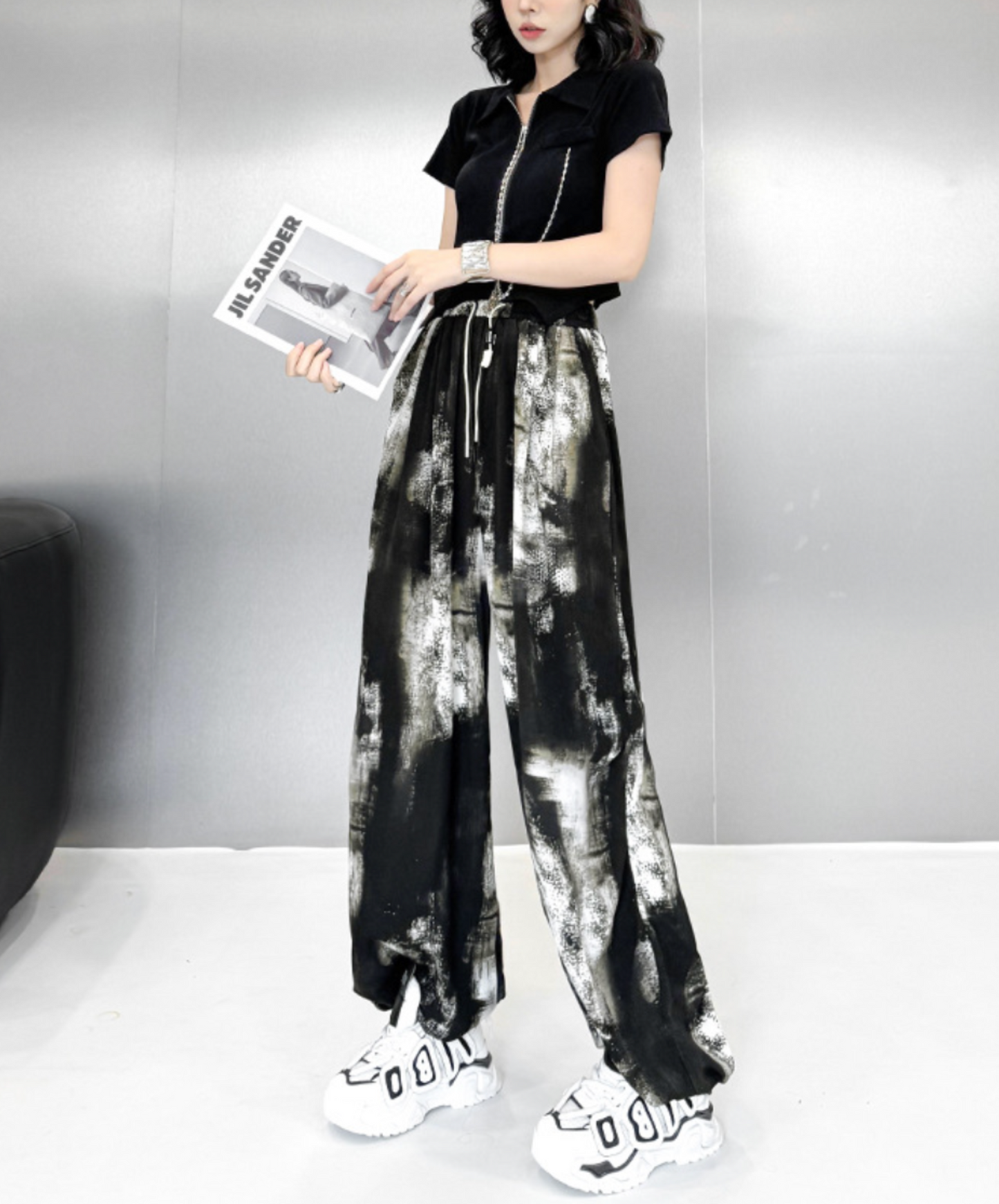 dark splicing drawstring pants EN2337