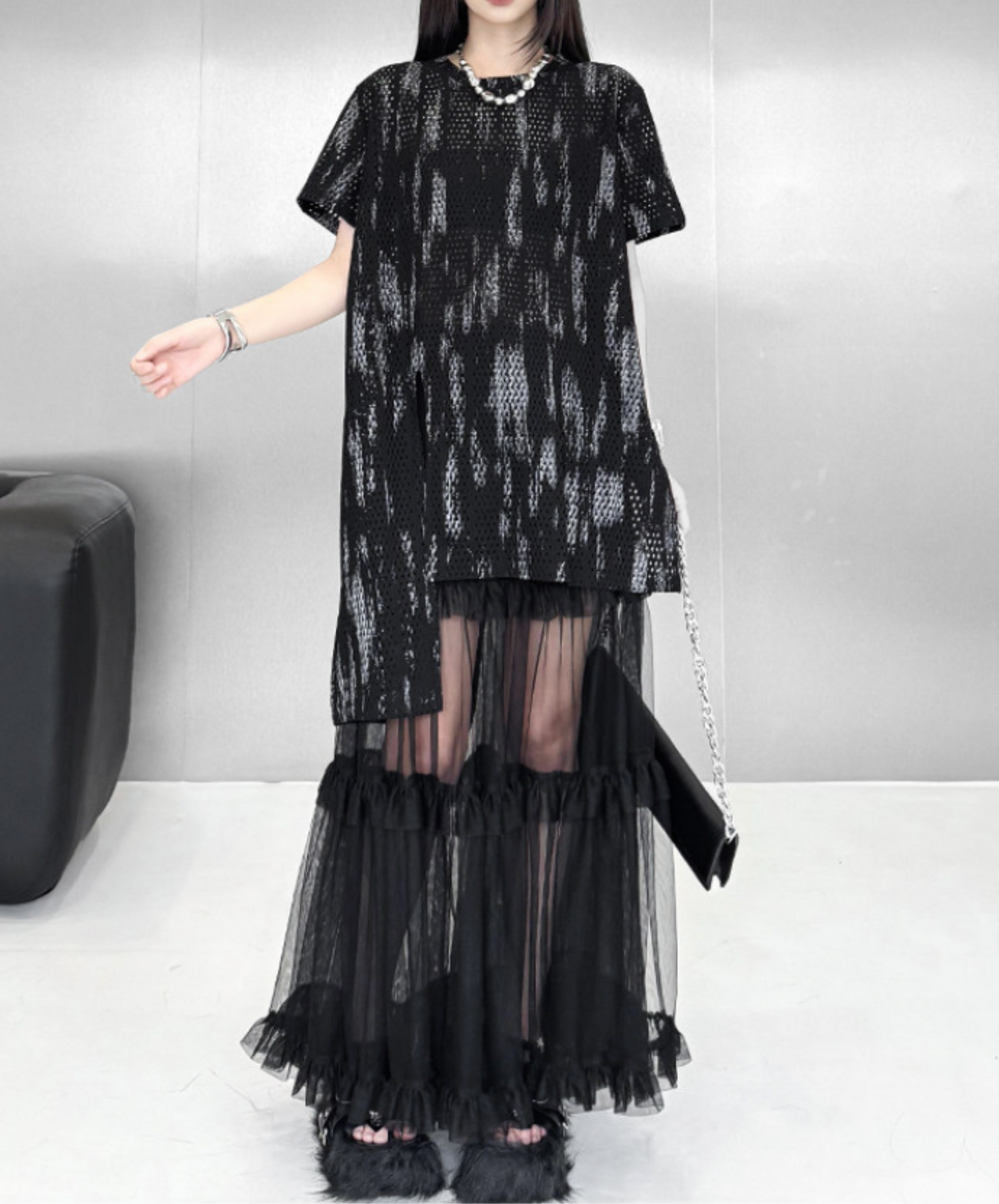 printed mesh asymmetrical t-shirt EN2840