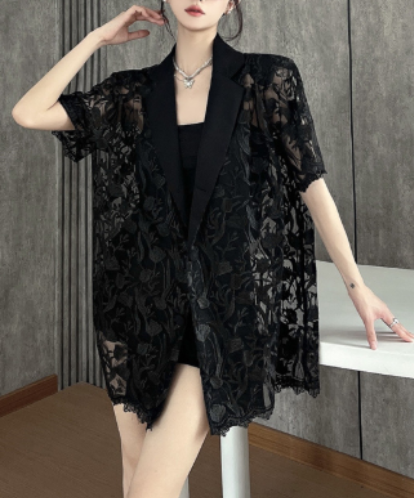 embroidered mesh patchwork jacket EN2966