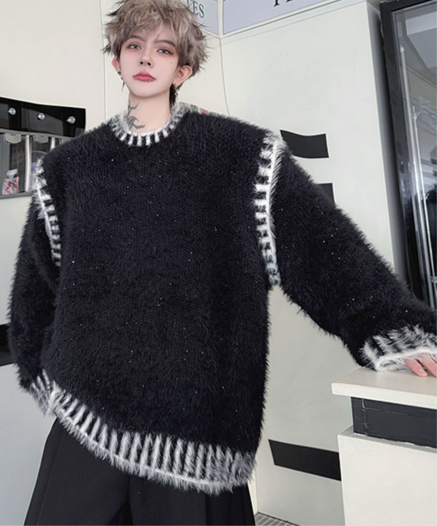 dark retro colorblock stitching sweater EN2532