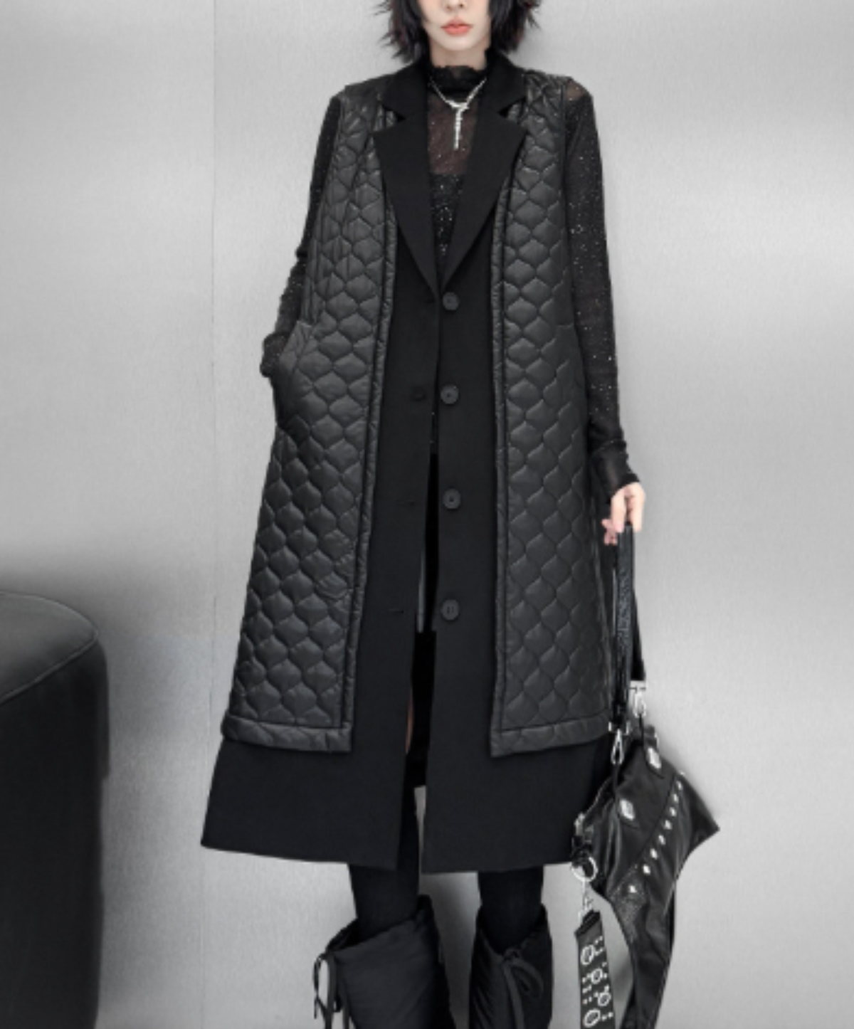 quilted-pattern lapel panel vest  EN3200