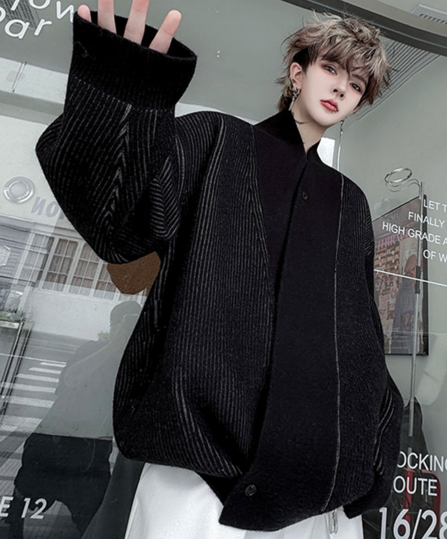 plain x striped knit cardigan EN2531